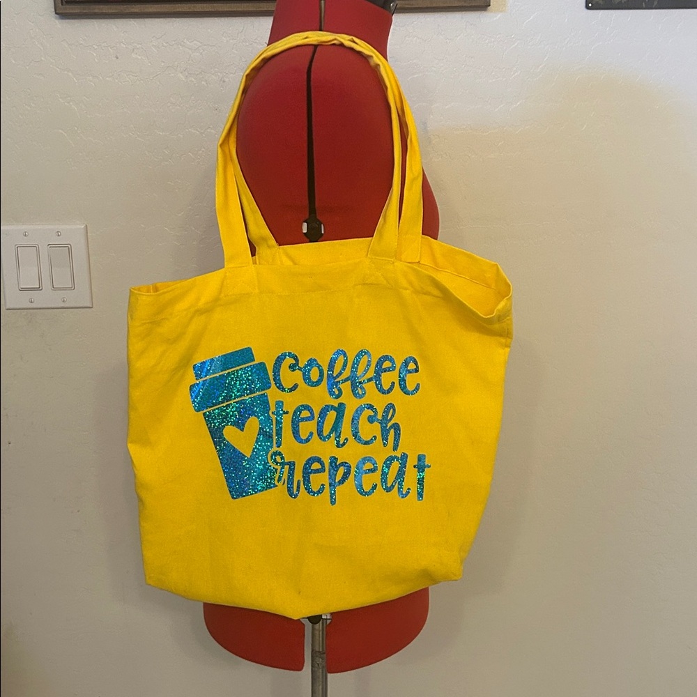 Yellow Tote Bag with Blue Coffee Teach Repeat Design